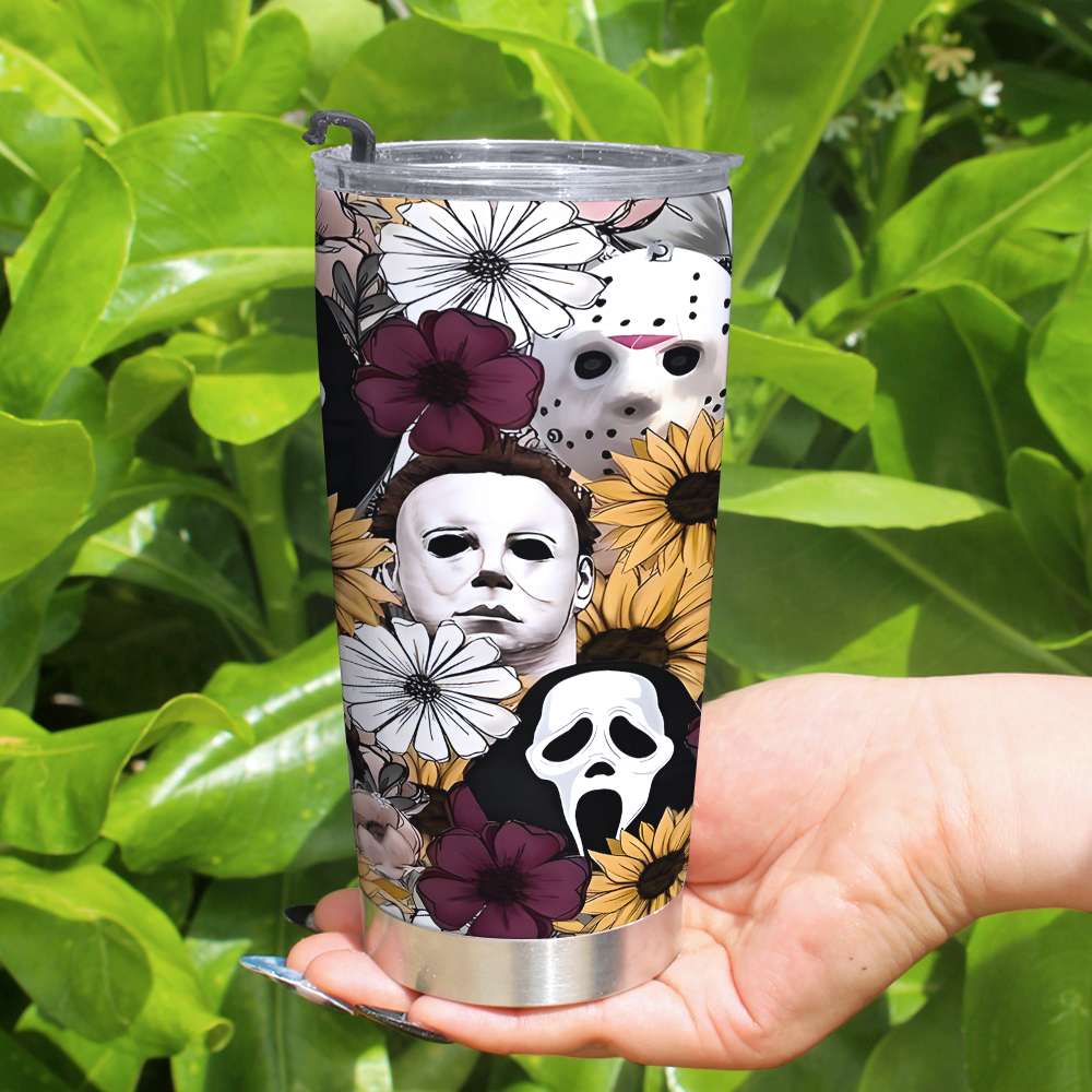 Horror Icons Floral Tumbler - Michael Myers, Ghostface, Jason Voorhees