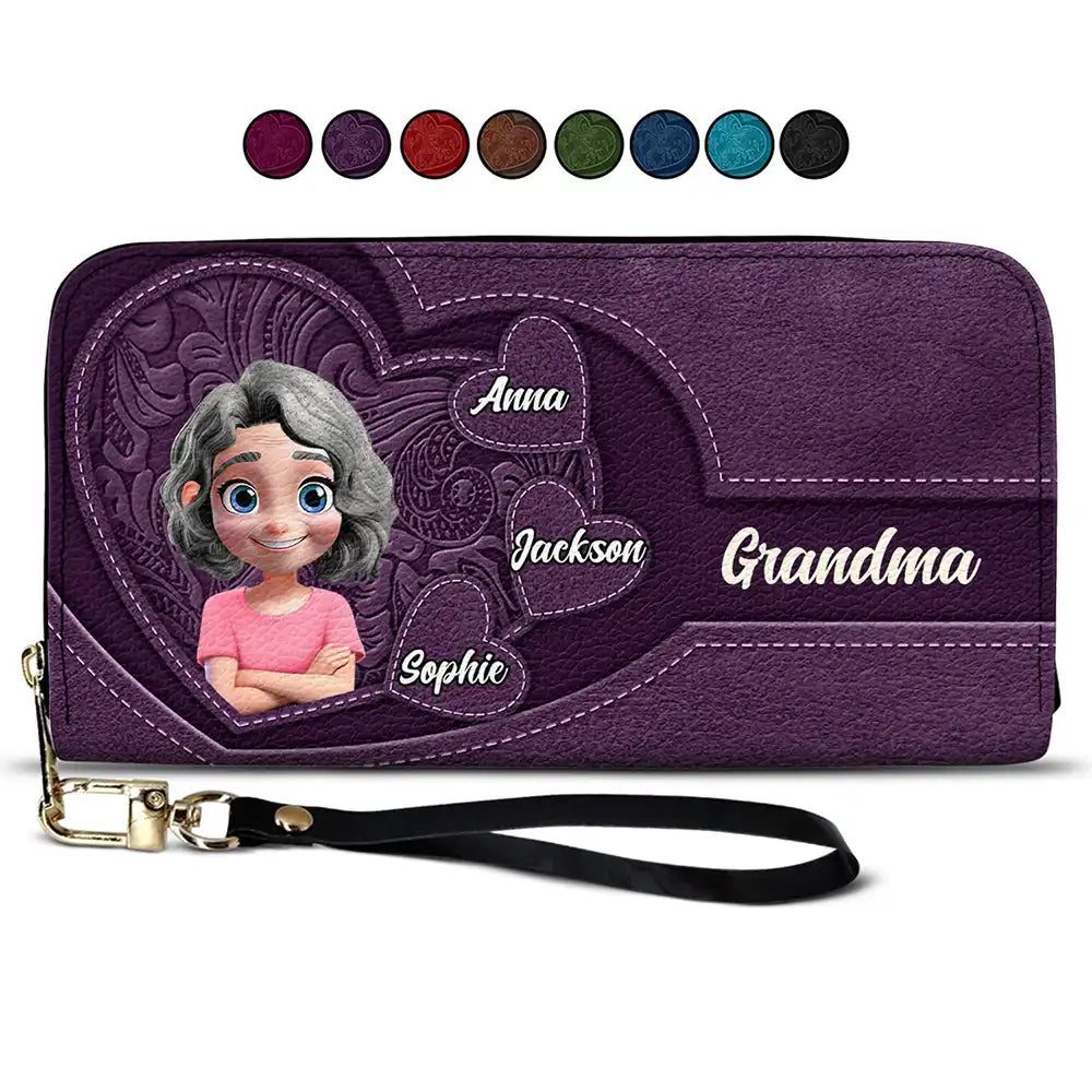 "Cherish the Moments, Grandma's Heart Full of Love" - Personalized Leather Long Wallet - Gift for Grandma, Mom, and Loved Ones Leather Long Wallet PopCulturePrints