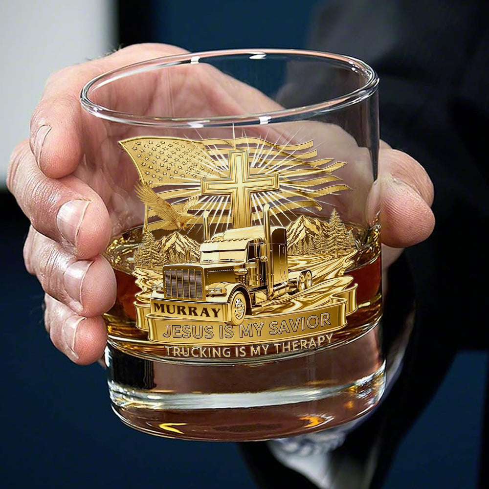 Jesus Is My Savior - Custom Trucker Round Whiskey Glass - Personalized Gifts for Christian Truckers and Faith Enthusiasts Whiskey Glass PopCulturePrints