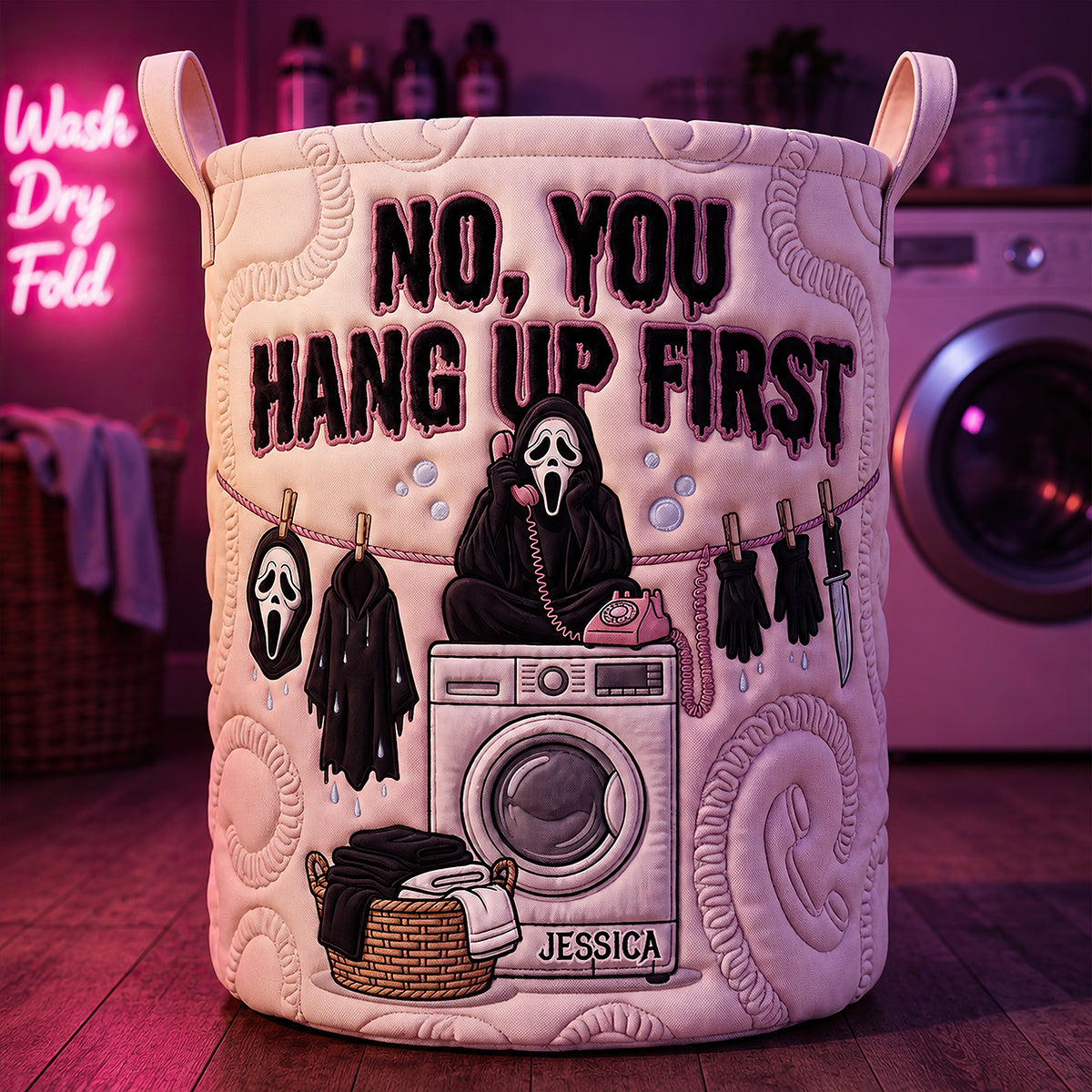 "No, You Hang Up First!" - Personalized Fun Chatty Quilted Laundry Basket