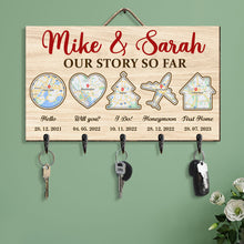 Load image into Gallery viewer, Custom Wooden Key Hanger for Couples - Our Story So Far Wood Sign PopCulturePrints
