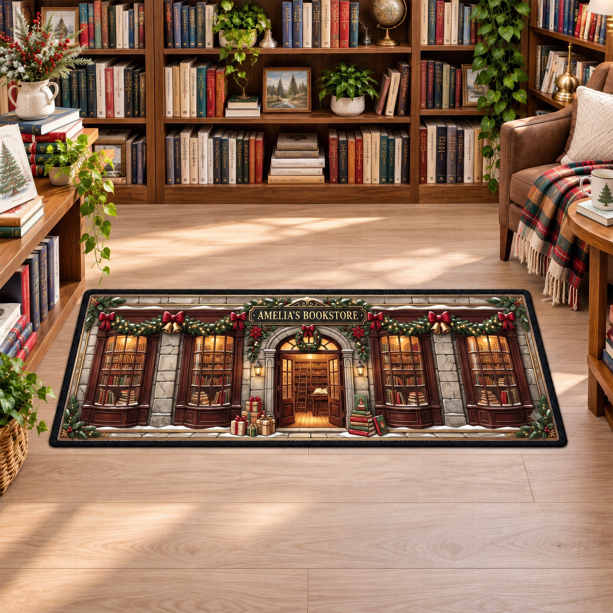 “Your Cozy Holiday Haven Awaits” - Cozy Bookstore Christmas Rug - Personalized Gifts for Book Lovers