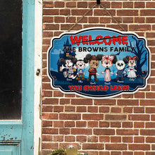 Load image into Gallery viewer, Personalized Spooky Family Welcome Wood Sign - Halloween Edition Wood Sign PopCulturePrints

