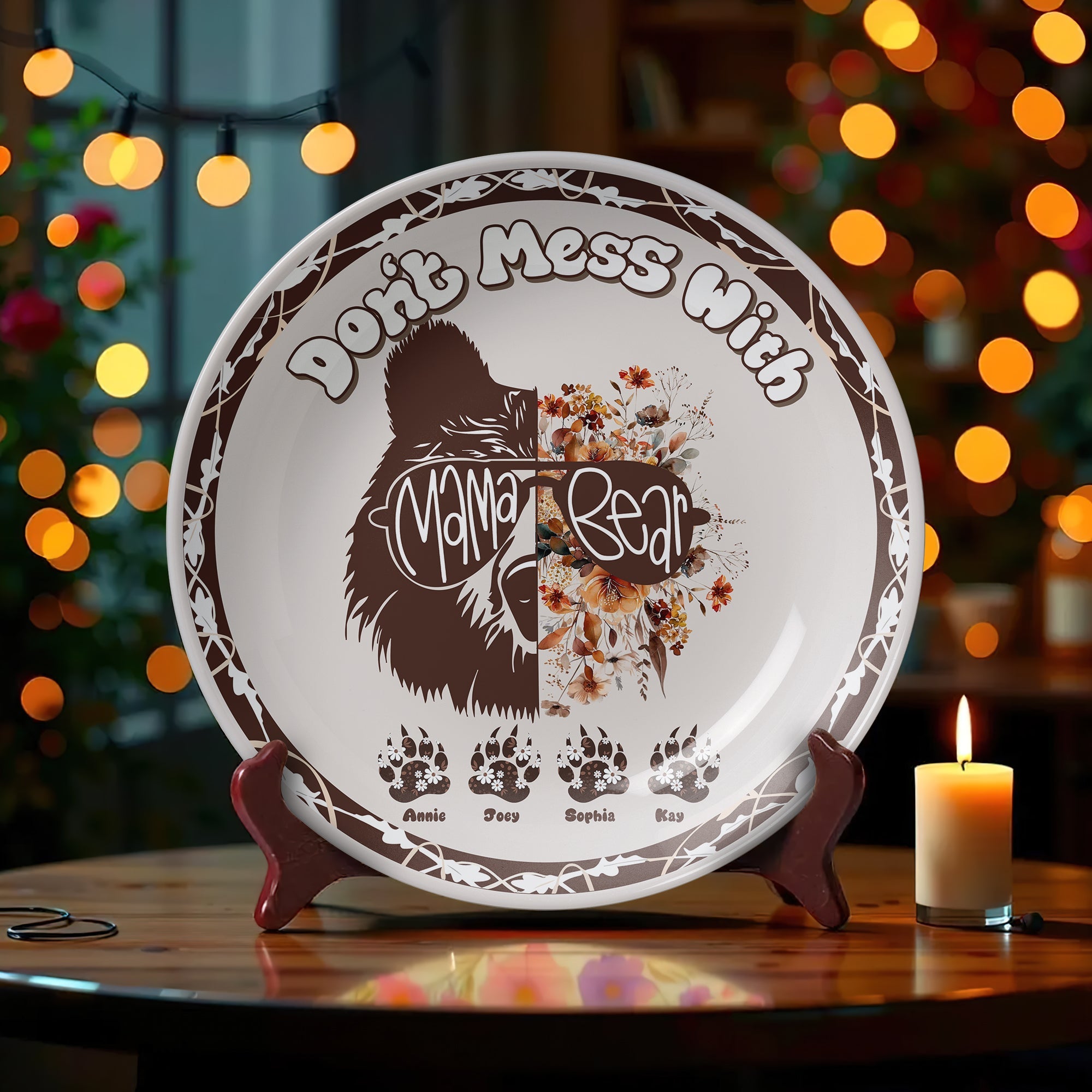"Don't Mess With Mama Bear" - Personalized Ceramic Round Plate - Gift for Mom, Grandma, and More Ceramic Round Plate PopCulturePrints