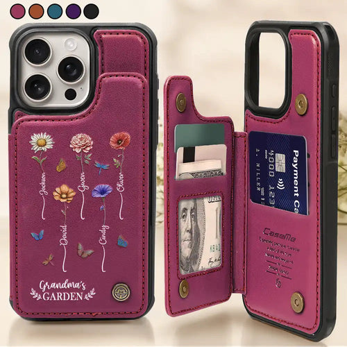 Celebrate Her Unique Bloom - Personalized Leather Flip Wallet Phone Case for Grandma Leather Flip Wallet Phone Case PopCulturePrints