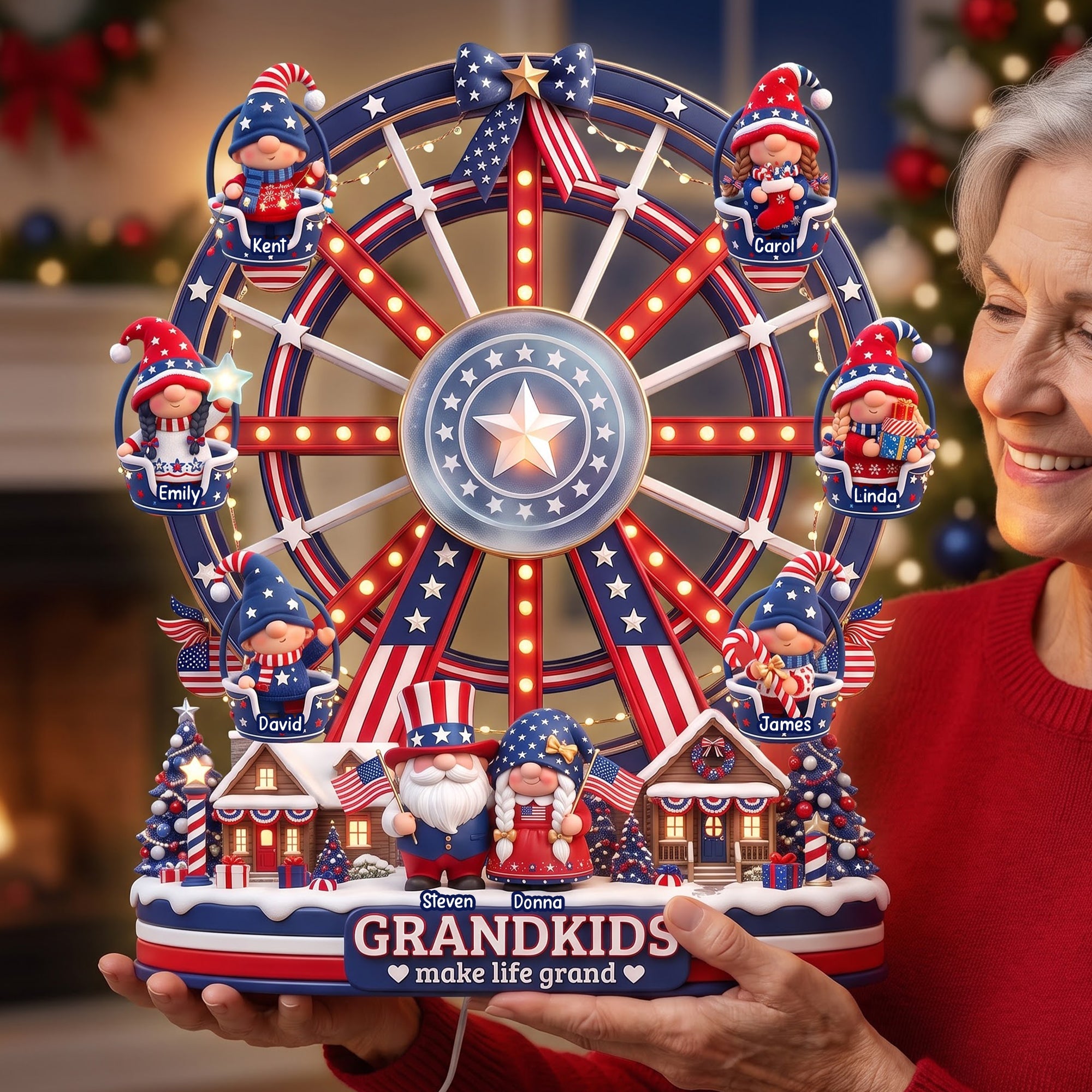 “Grandkids Make Life Grand” - USA Gnome Ferris Wheel Acrylic Light Box - Personalized Christmas Gift for Family, Friends, & Loved Ones