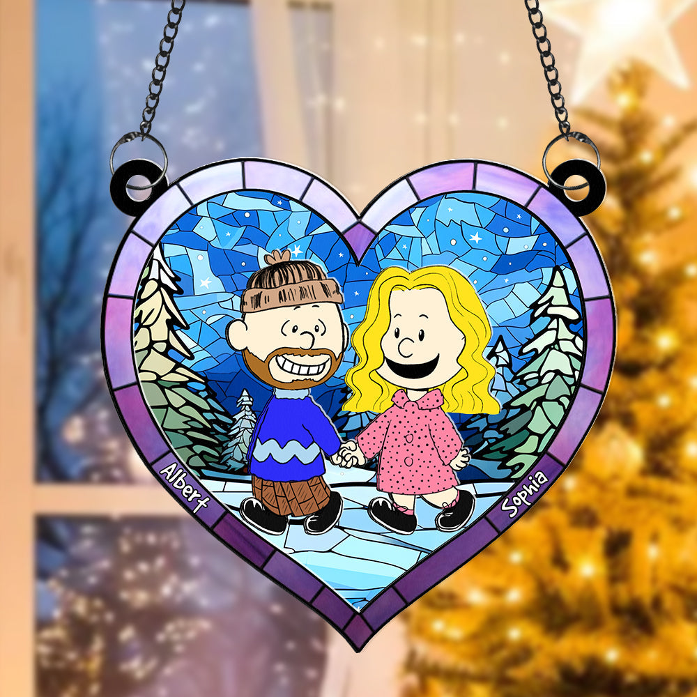 Personalized Cartoon Couple Heart Suncatcher - Hand In Hand Love Keepsake