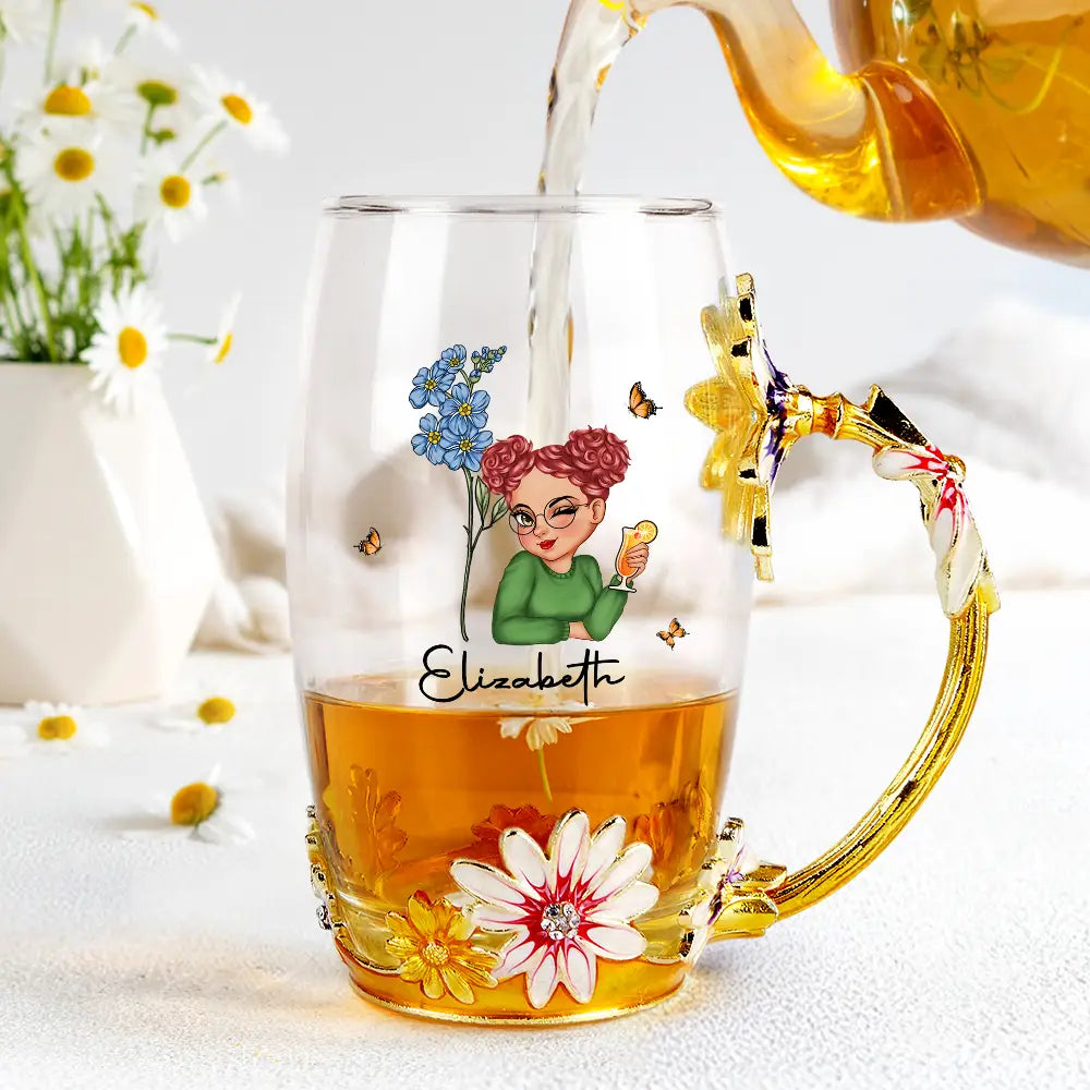 “Celebrate Her Uniqueness” - Personalized Birth Month Flower Woman Glass Tea Cup - Perfect Gift for Mom, Grandma, or Any Special Woman Glass Flower Tea Cup PopCulturePrints