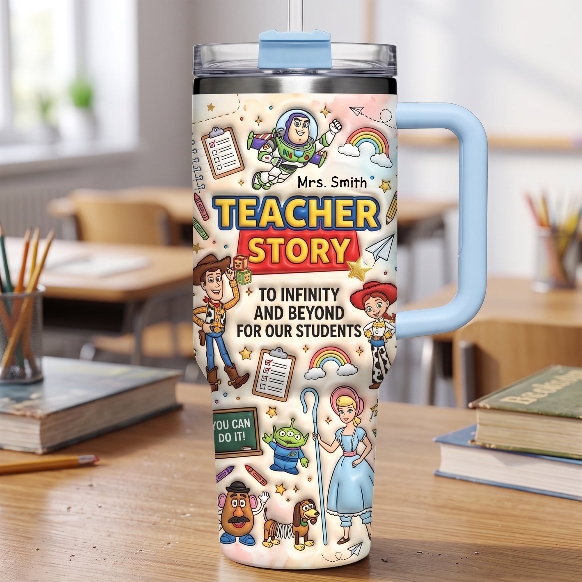Teacher Story to Infinity and Beyond - Personalized 40oz Tumbler for Teachers Tumbler Cup PopCulturePrints