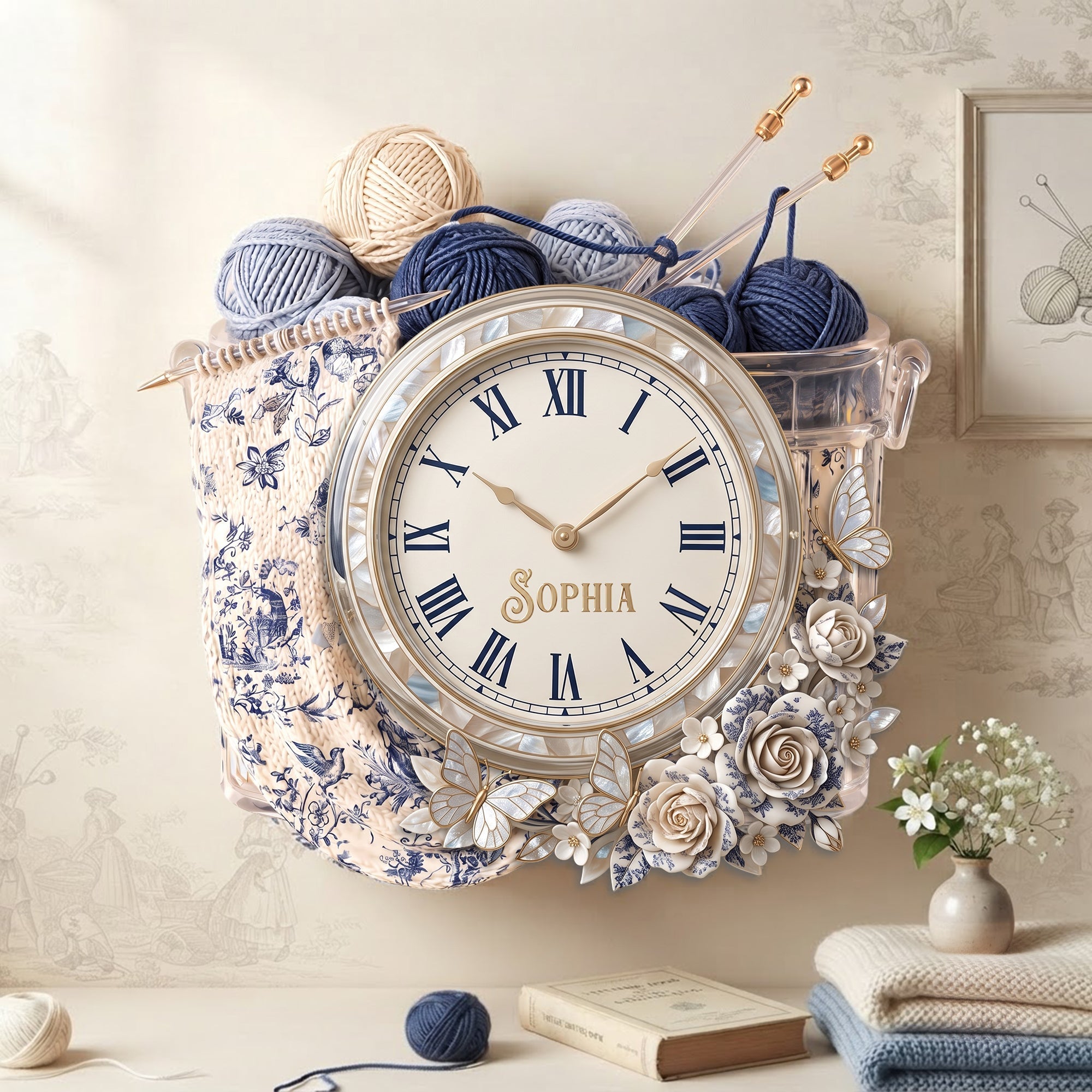 Timeless Elegance: Toile De Jouy Floral Knitting Hanging Wall Clock - Personalized Gift for Knitting Lovers
