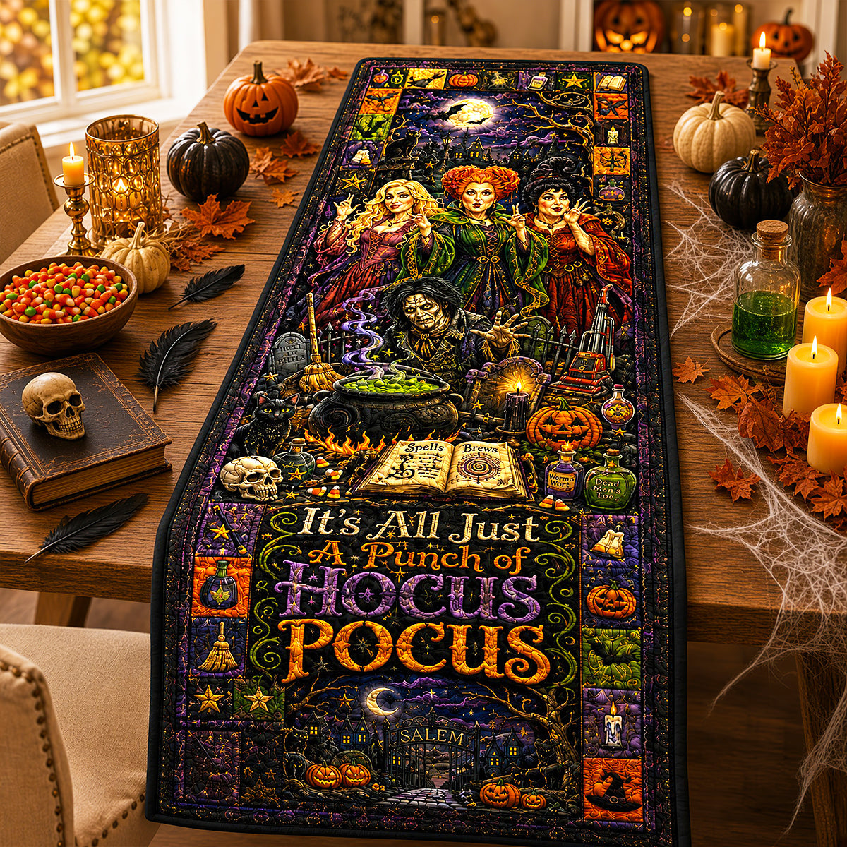 “It’s All Just A Punch of Hocus Pocus” - Personalized Halloween Table Runner Gift for Friends and Family Quilted Table Runner PopCulturePrints