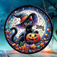 Load image into Gallery viewer, Personalized Black Cat Witch Stained Glass Suncatcher
