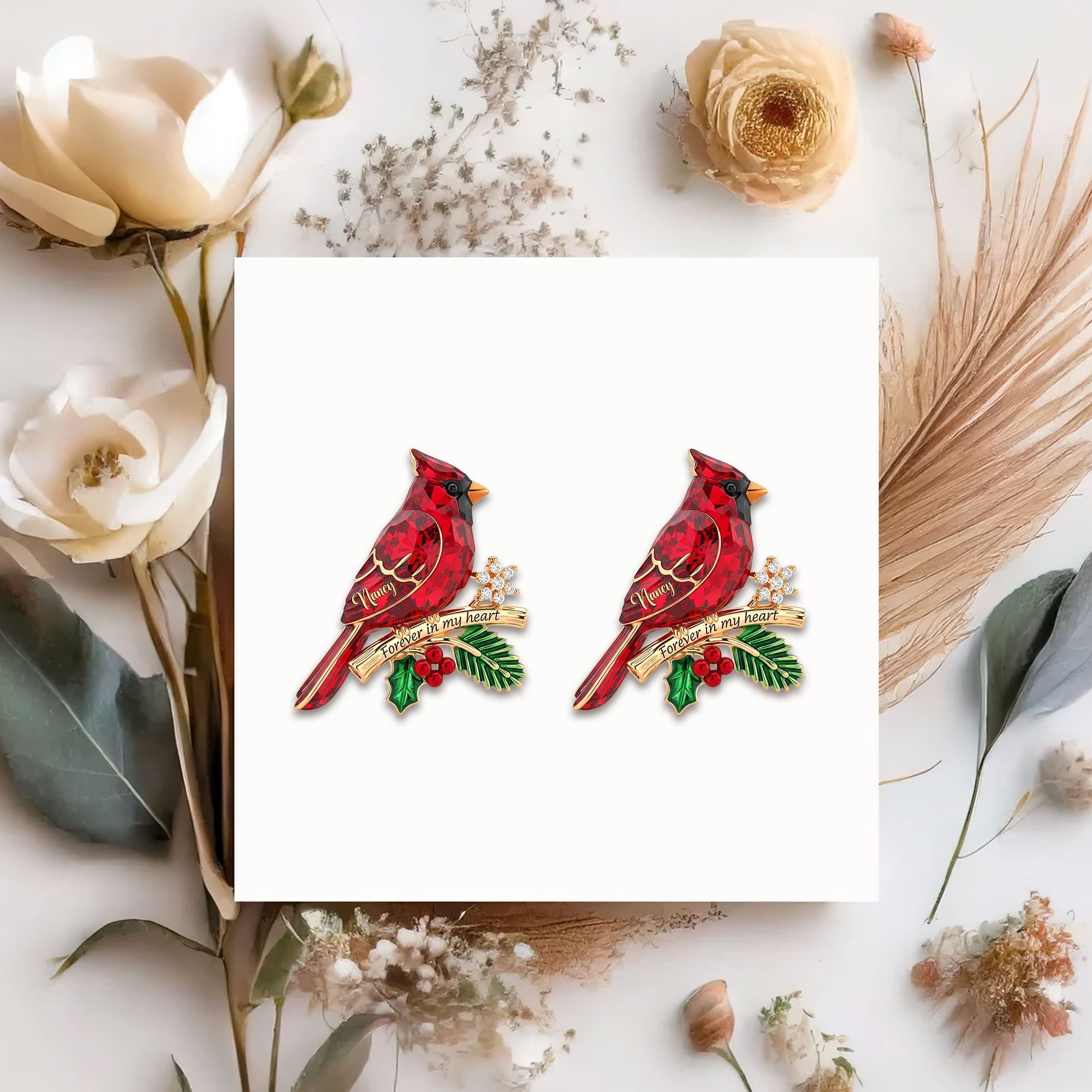 "Forever in My Heart" - Cardinal Heaven Christmas Stud Earrings - Personalized Gifts for Her Earrings PopCulturePrints