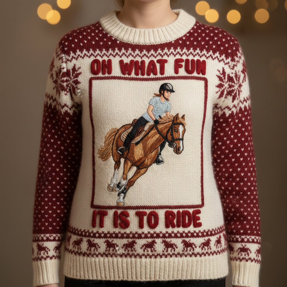 Oh What Fun! It Is To Ride - Custom Photo Ugly Sweater for Horse Riding Lovers AOP Products PopCulturePrints
