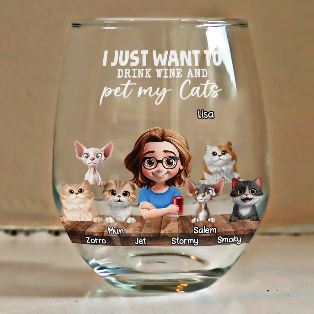 I Just Want To Drink Wine - Personalized Stemless Wine Glass for Cat Lovers Wine Glass PopCulturePrints