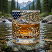 Load image into Gallery viewer, Hooked On Freedom - Personalized Round Glass for Fishing Lovers Glass PopCulturePrints
