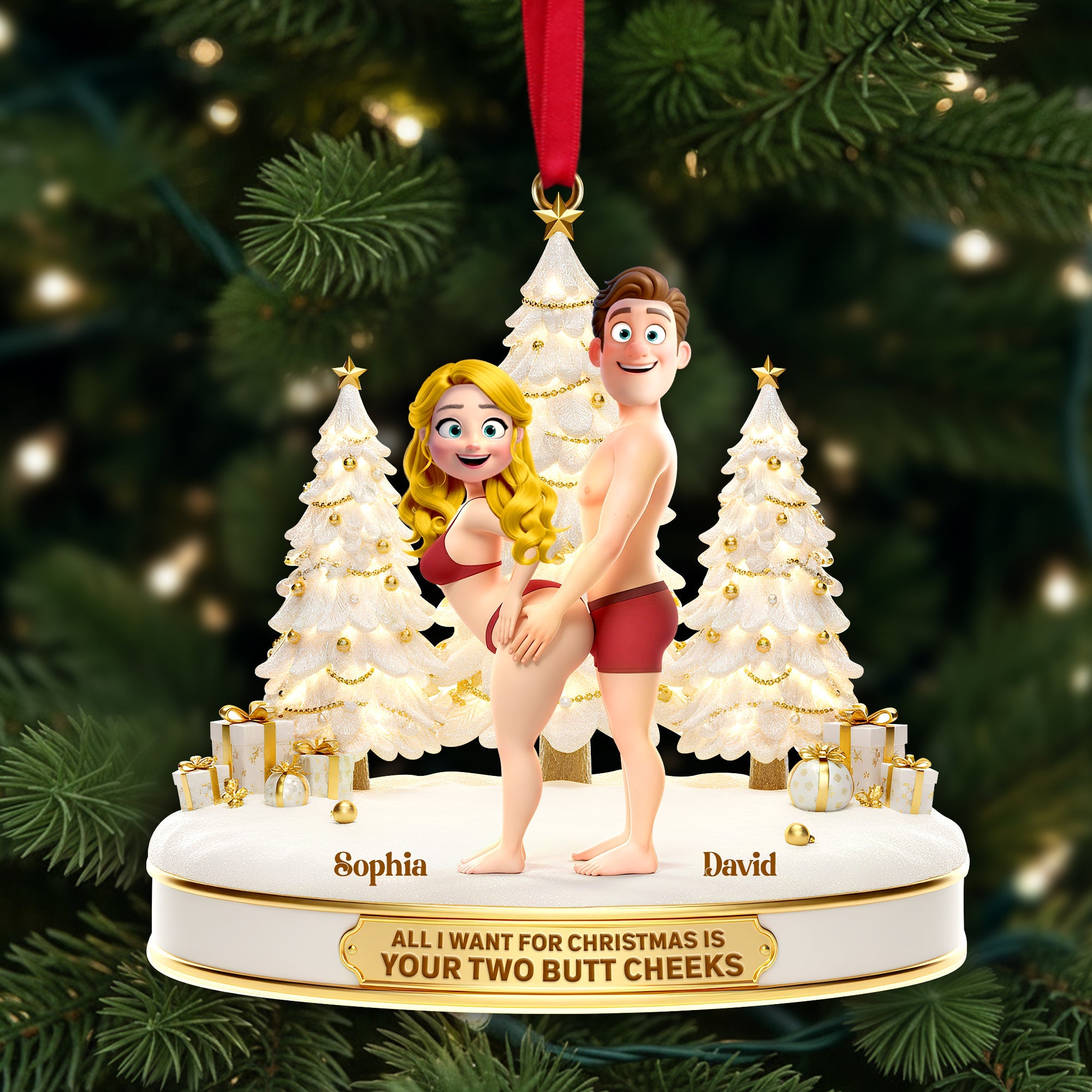 All I Want for Christmas is Your Two Butt Cheeks - Personalized Playful Couple Acrylic Ornament Ornament PopCulturePrints