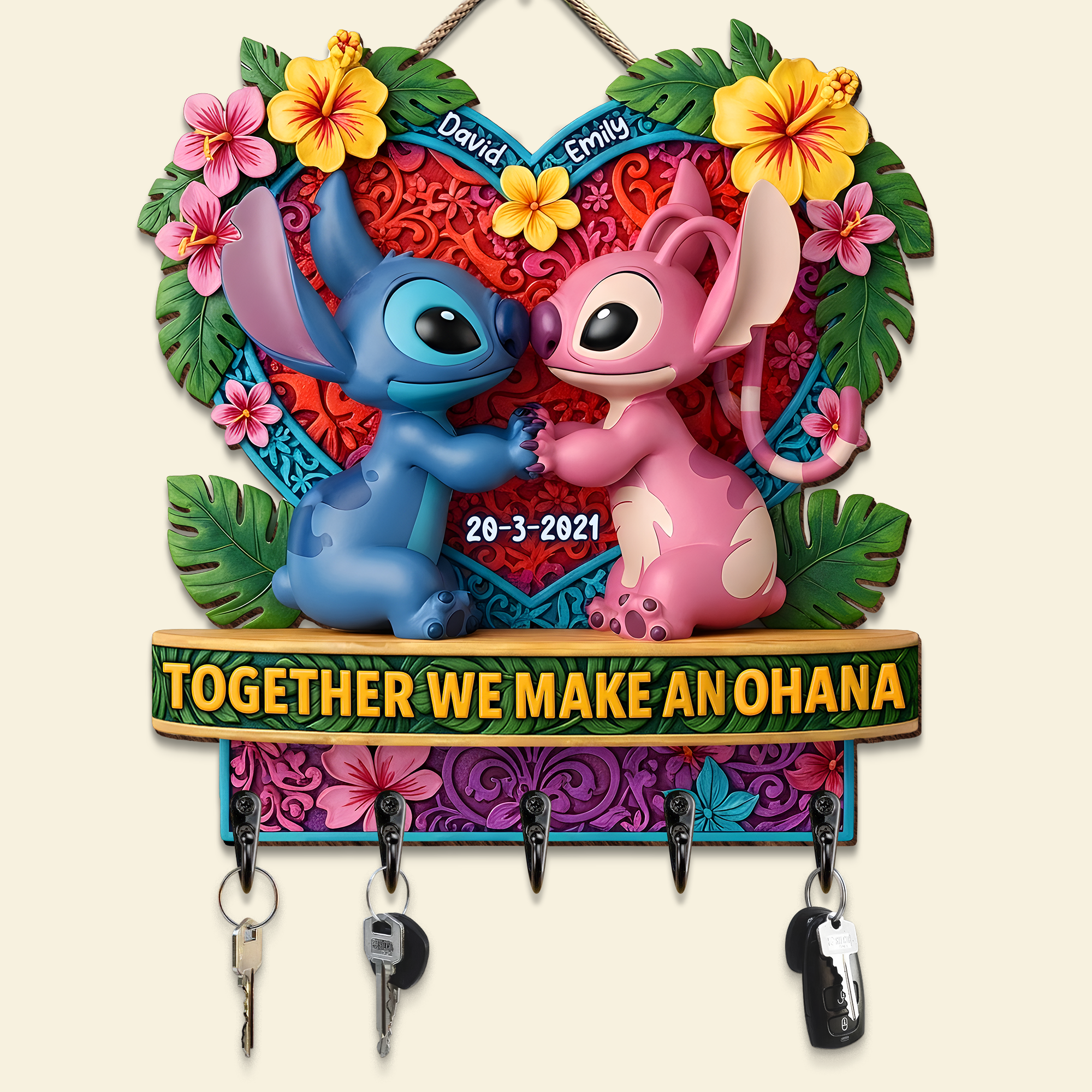 Together We Make An Ohana - Personalized Couple Wood Key Hanger Wood Sign PopCulturePrints