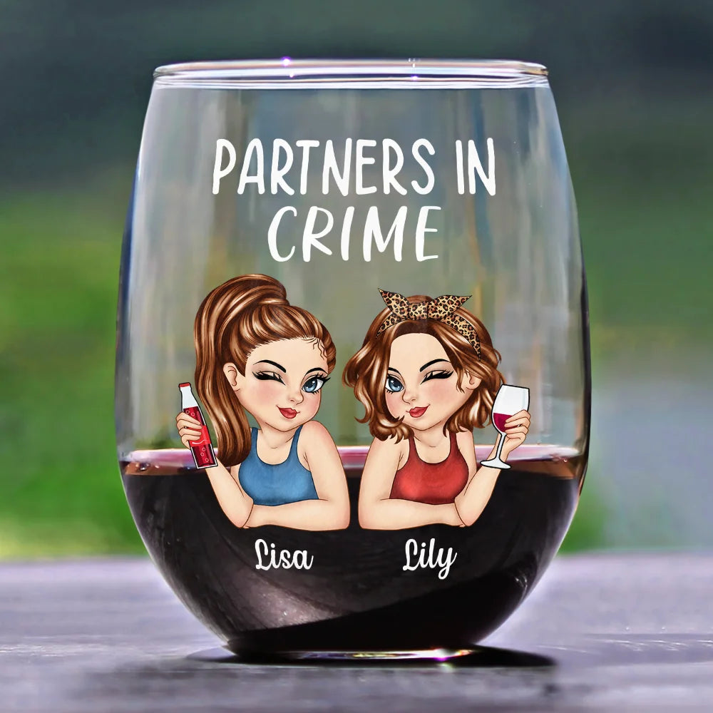 Partners in Crime - Personalized Stemless Wine Glass for Besties Wine Glass PopCulturePrints