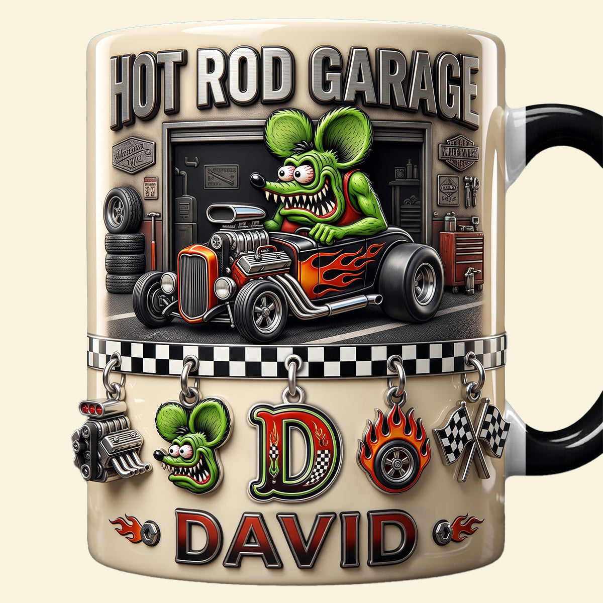 “Rev Up Your Spirit!” - Cute Alphabet Christmas Fun Rat Fink Accent Mug - Personalized Gift for Hot Rod Lovers