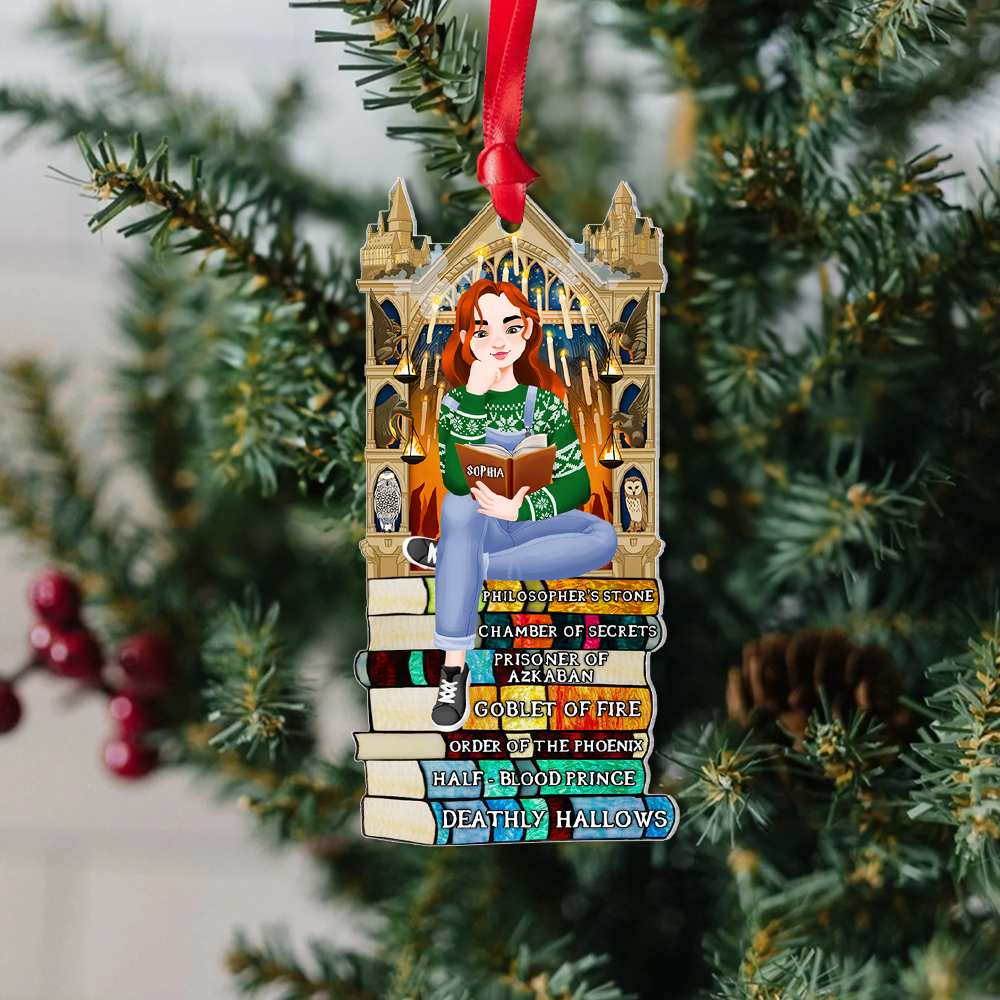 Personalized Christmas Ornament for Book Lovers - Girl Reading on Book Stack Ornament PopCulturePrints