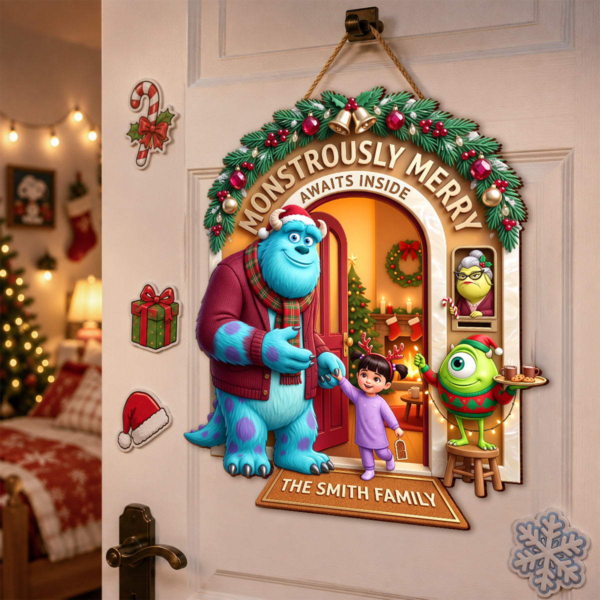 “Monstrously Merry Awaits!” - Merry Monster Family Acrylic Sign - Personalized Christmas Gift