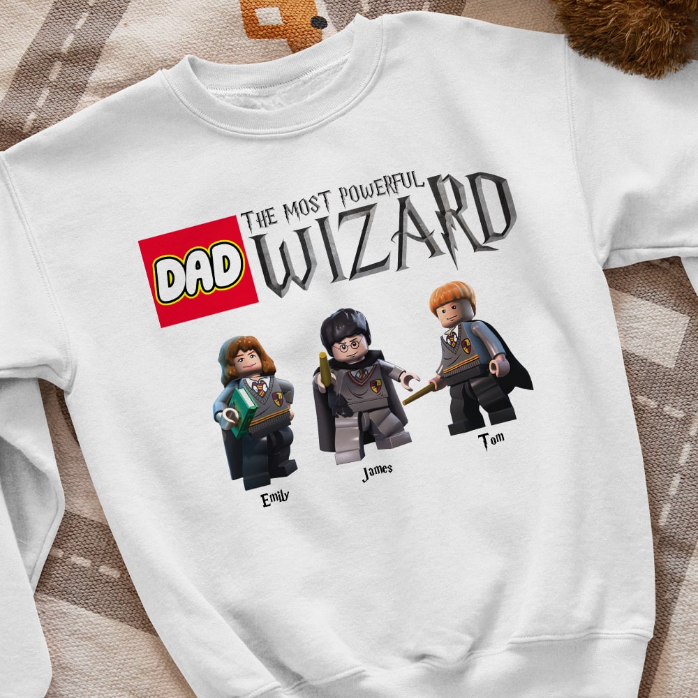 Personalized Dad Most Powerful Wizard T-Shirt with LEGO Style Characters