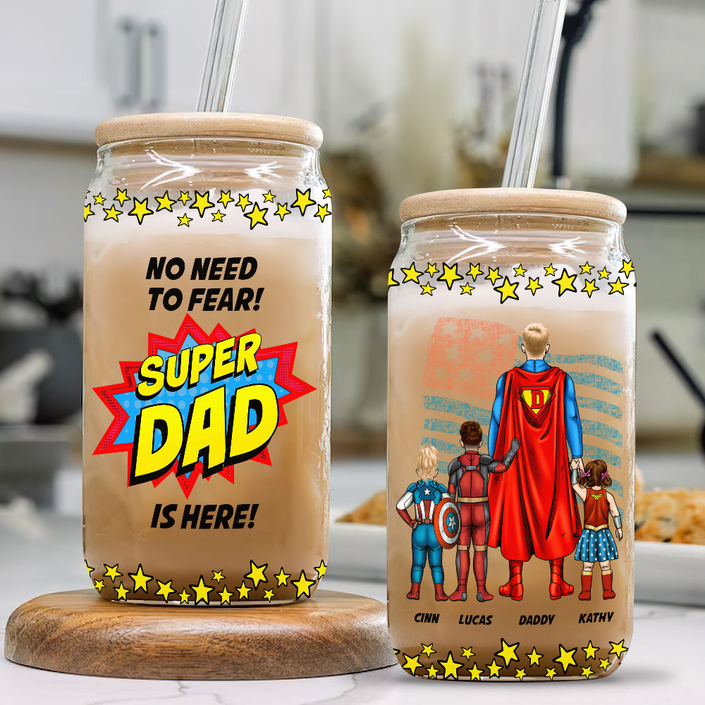 Super Dad Personalized Glass Can for Father's Day Glass Can PopCulturePrints