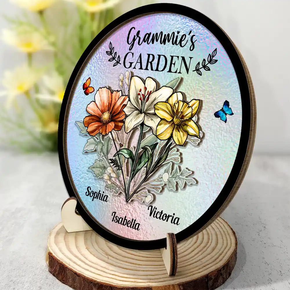 “Celebrate Her Garden of Love” - Personalized Holography Grandma's Garden Birth Flower Plaque - Gift for Mom, Grandma, and Special Women Wooden Plaque PopCulturePrints