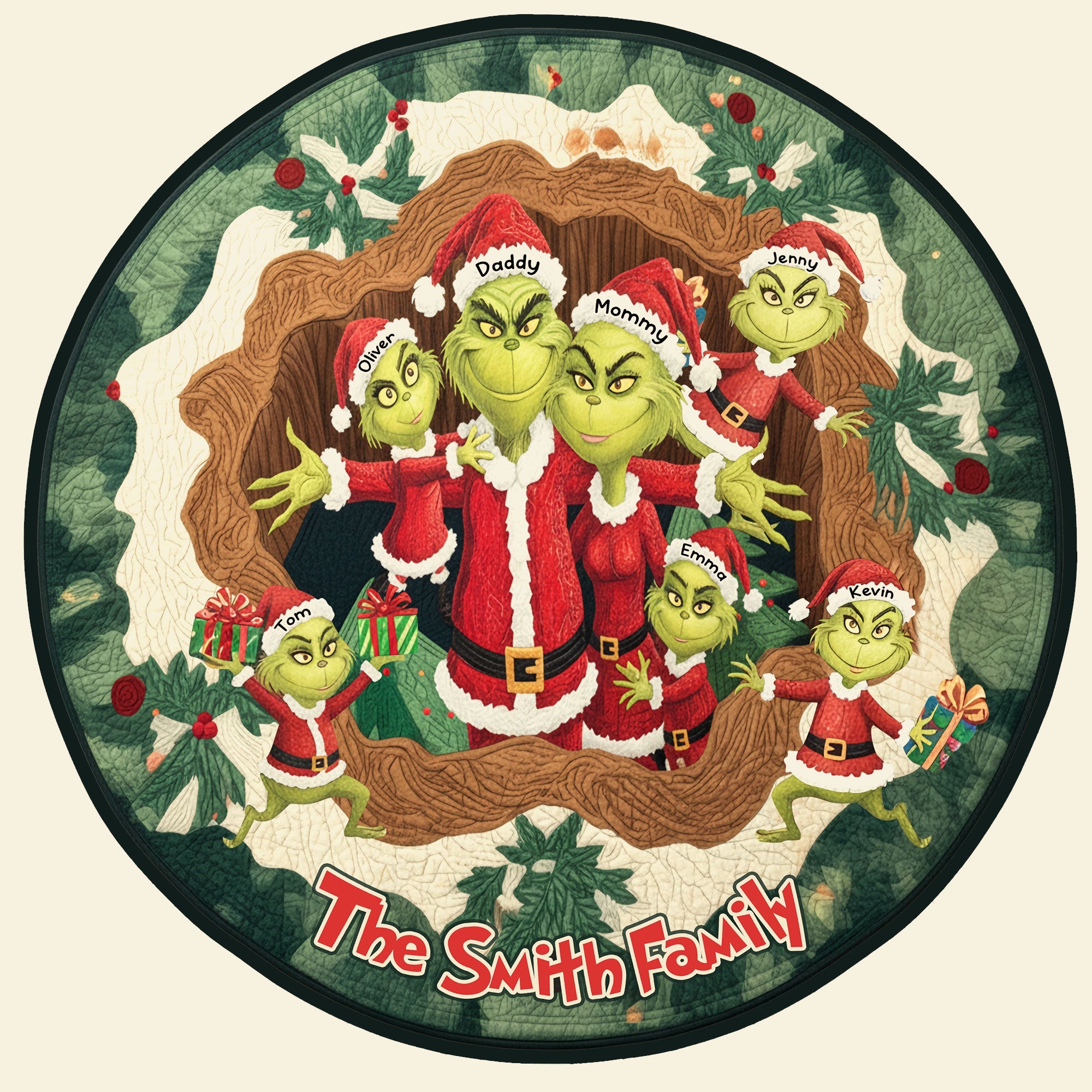 "Celebrate Family with Laughter!" - Green Monster Family Quilted Round Mat - Personalized Gift for Family Doormat PopCulturePrints