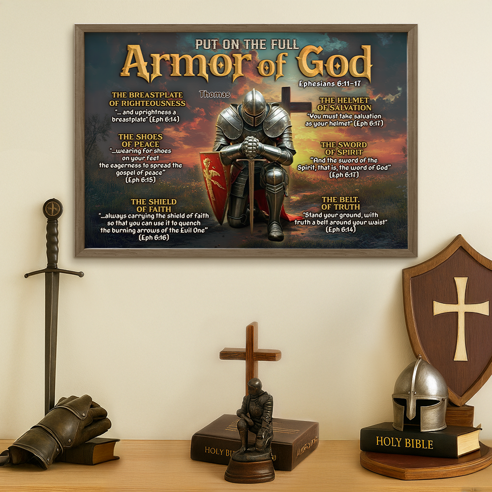 Put on the Full Armor of God - Personalized Kneeling Knight Canvas Print - Gifts for Christians Poster & Canvas PopCulturePrints