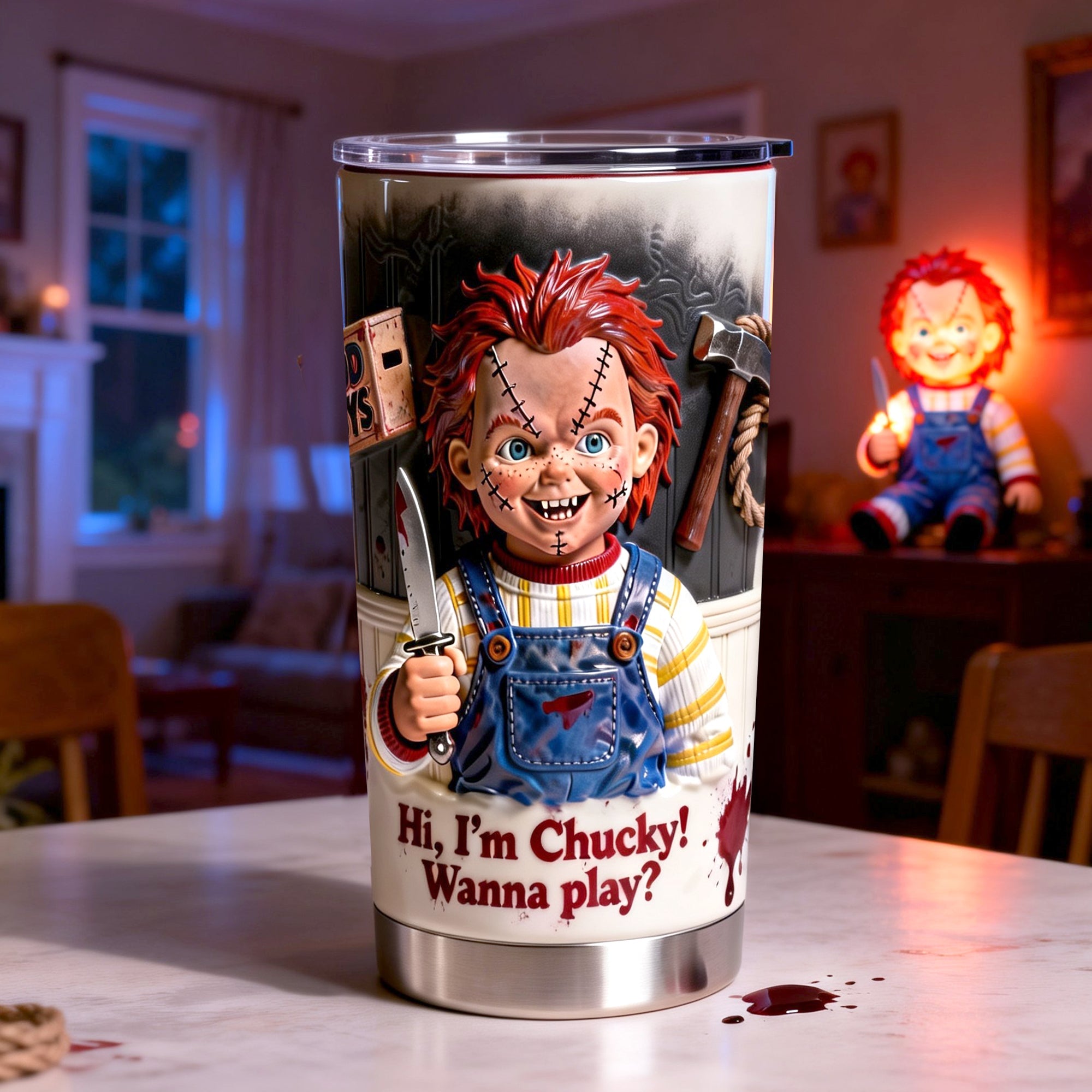 Hi, I’m Chucky! Wanna play? - Personalized Horror Fans 20oz Tumbler Tumbler Cup PopCulturePrints
