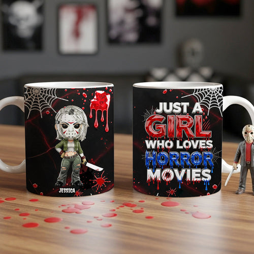 Just A Girl Who Loves Horror Movies Mug - Personalized Gift for Movie Fans Coffee Mug PopCulturePrints