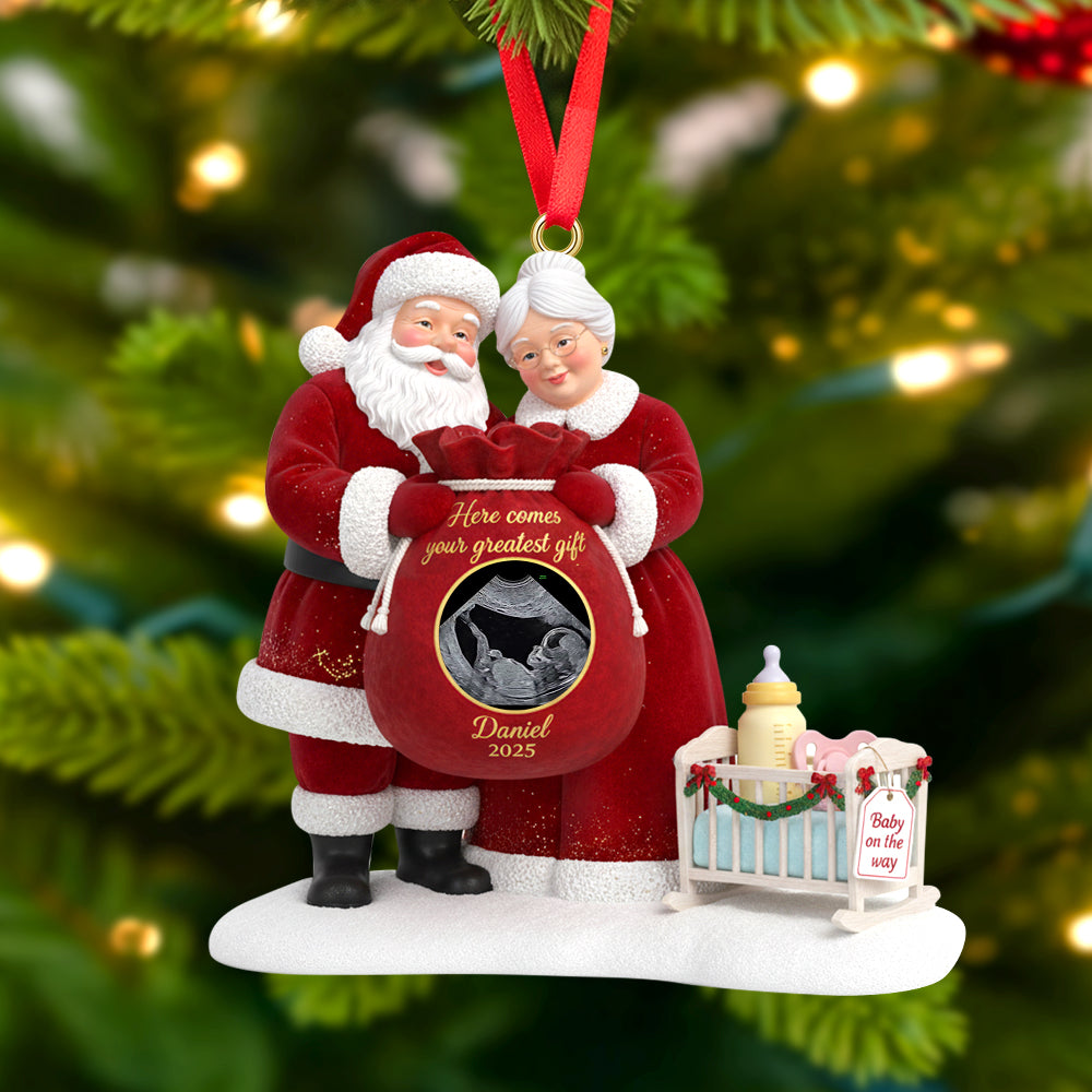 “Here comes your greatest gift” - Santa Claus Custom Photo Pregnancy Christmas Ornament - Personalized Gift for Expecting Parents, Grandparents, and Friends Ornament PopCulturePrints