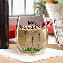 Load image into Gallery viewer, “Grandma&#39;s garden blooms with love” - Personalized Stemless Wine Glass for Grandma and Mom Wine Glass PopCulturePrints
