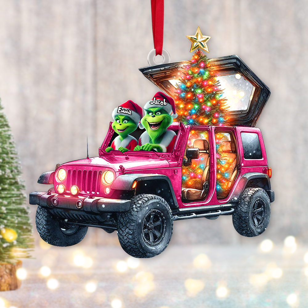 Custom Couple Christmas Ornament - Festive Jeep Design