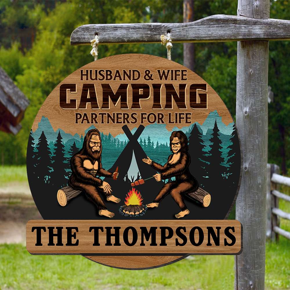 Personalized Bigfoot Camping Couple Wood Sign - Custom Outdoor Valentine's Day Gifts Wood Sign PopCulturePrints