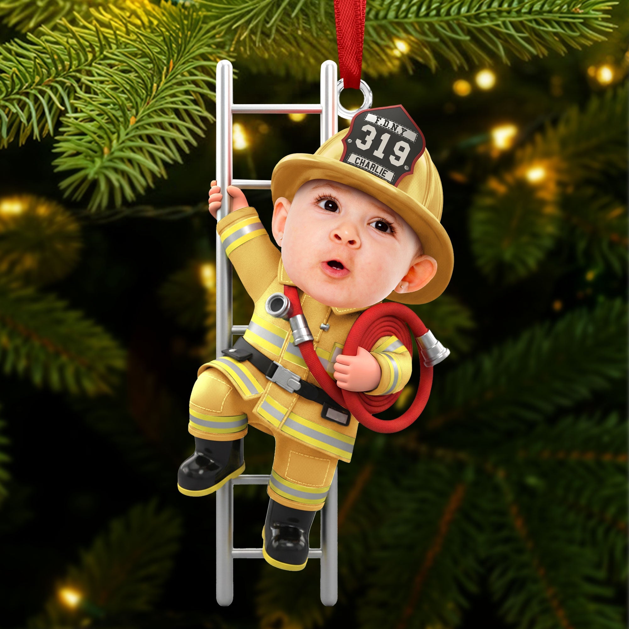“Ignite Joy This Christmas!” - Firefighter Kid Ornament - Custom Photo Gift Ornament PopCulturePrints