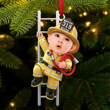 Load image into Gallery viewer, “Ignite Joy This Christmas!” - Firefighter Kid Ornament - Custom Photo Gift Ornament PopCulturePrints
