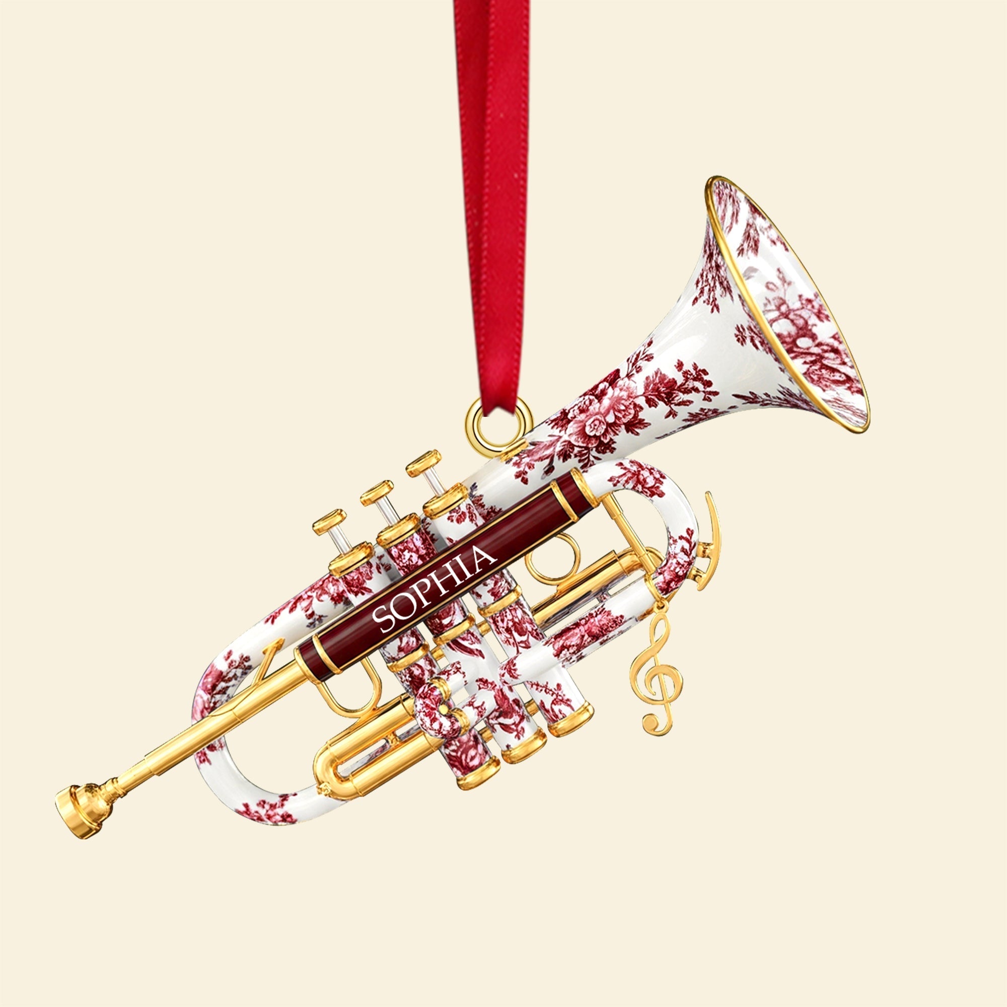 “Joyful Melodies!” Personalized Trumpet Toile de Jouy Christmas Ornament - Custom Gift for Musicians, Friends, and Family Ornament PopCulturePrints