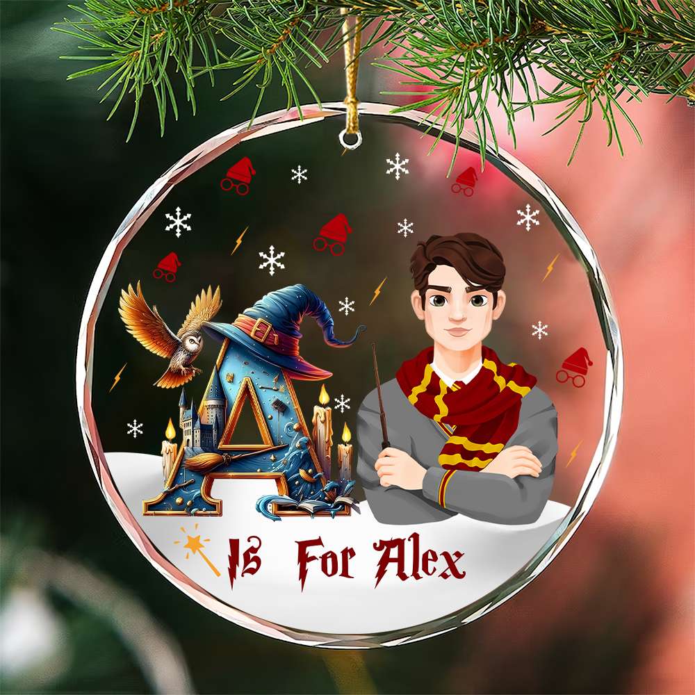 Personalized Movie Fan Crystal Glass Ornament - Christmas Wizard Theme