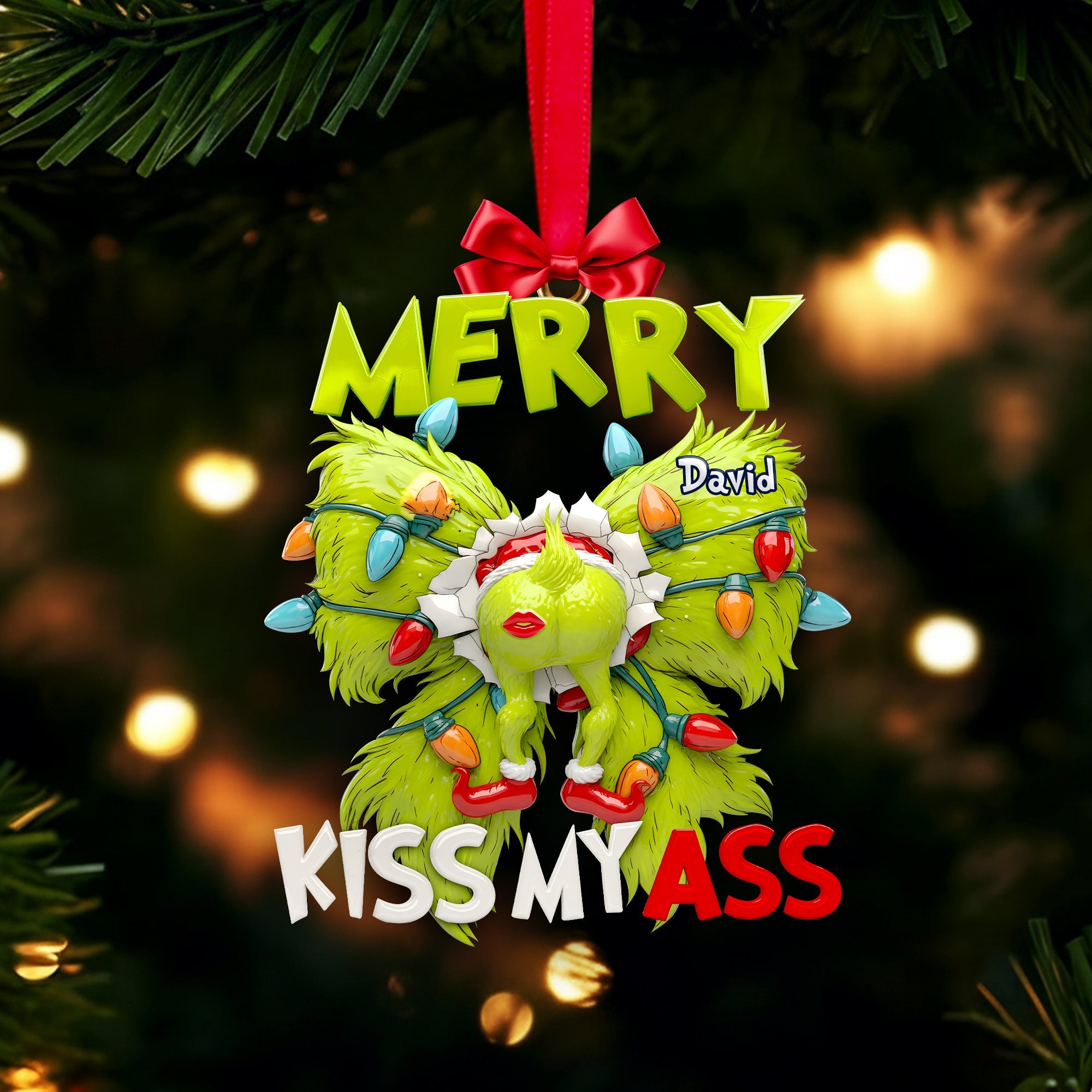Merry Kiss My Ass - Personalized Grumpy Holiday Ornament for Christmas Ornament PopCulturePrints