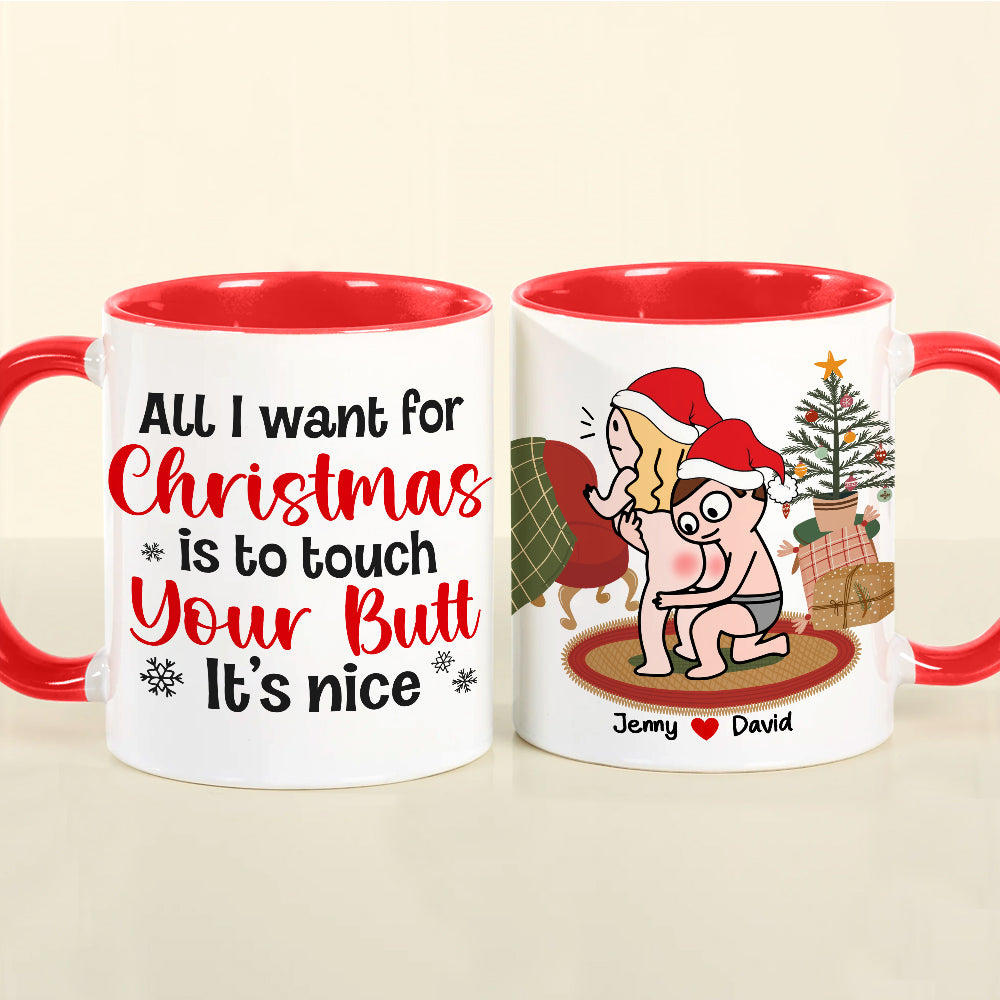 Personalized Funny Couple Christmas Mug - Touch Your Butt Design