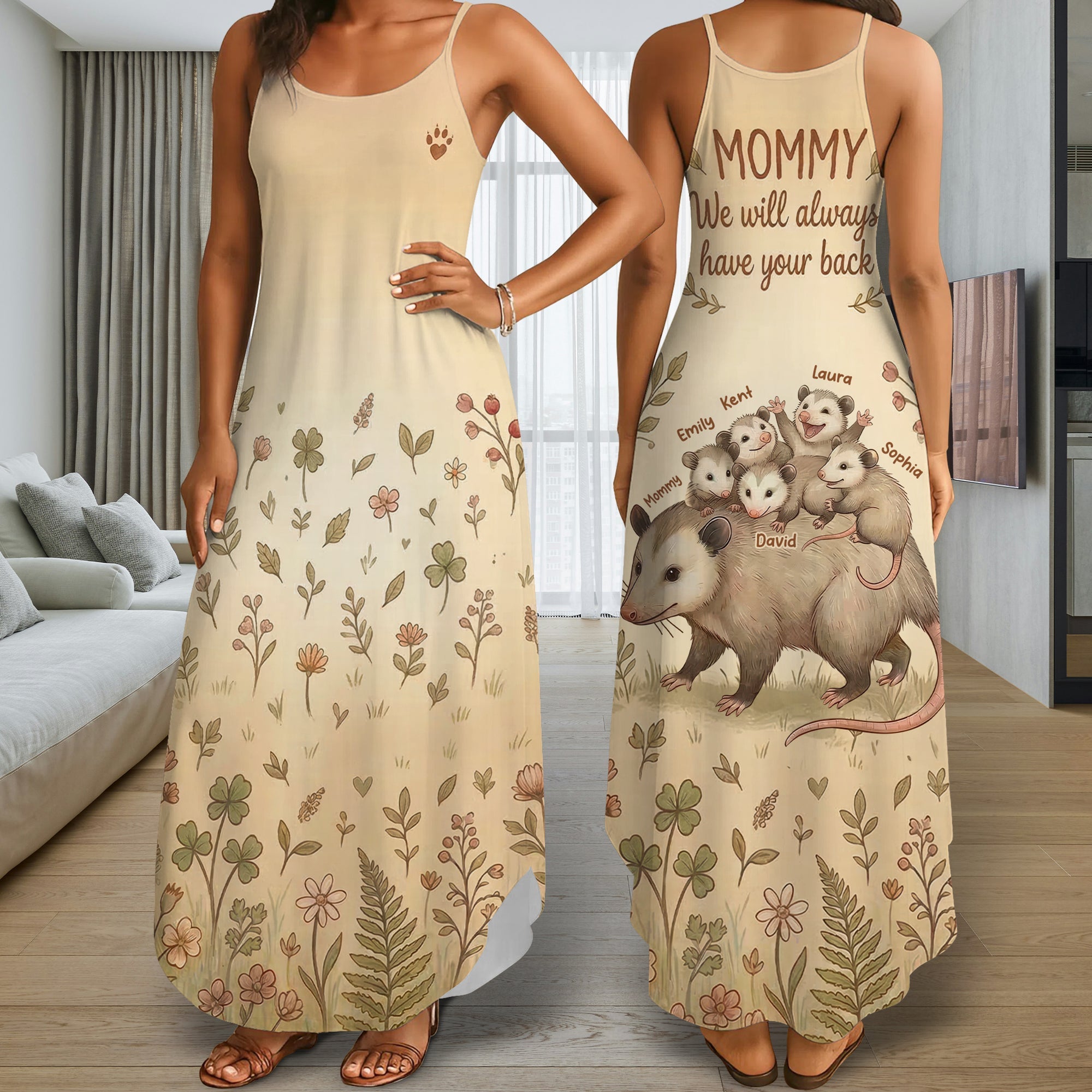 Mommy, We Will Always Have Your Back - Cute Opossum Mom Suspender Maxi Dress | Personalized Mother's Day Gift Dress PopCulturePrints