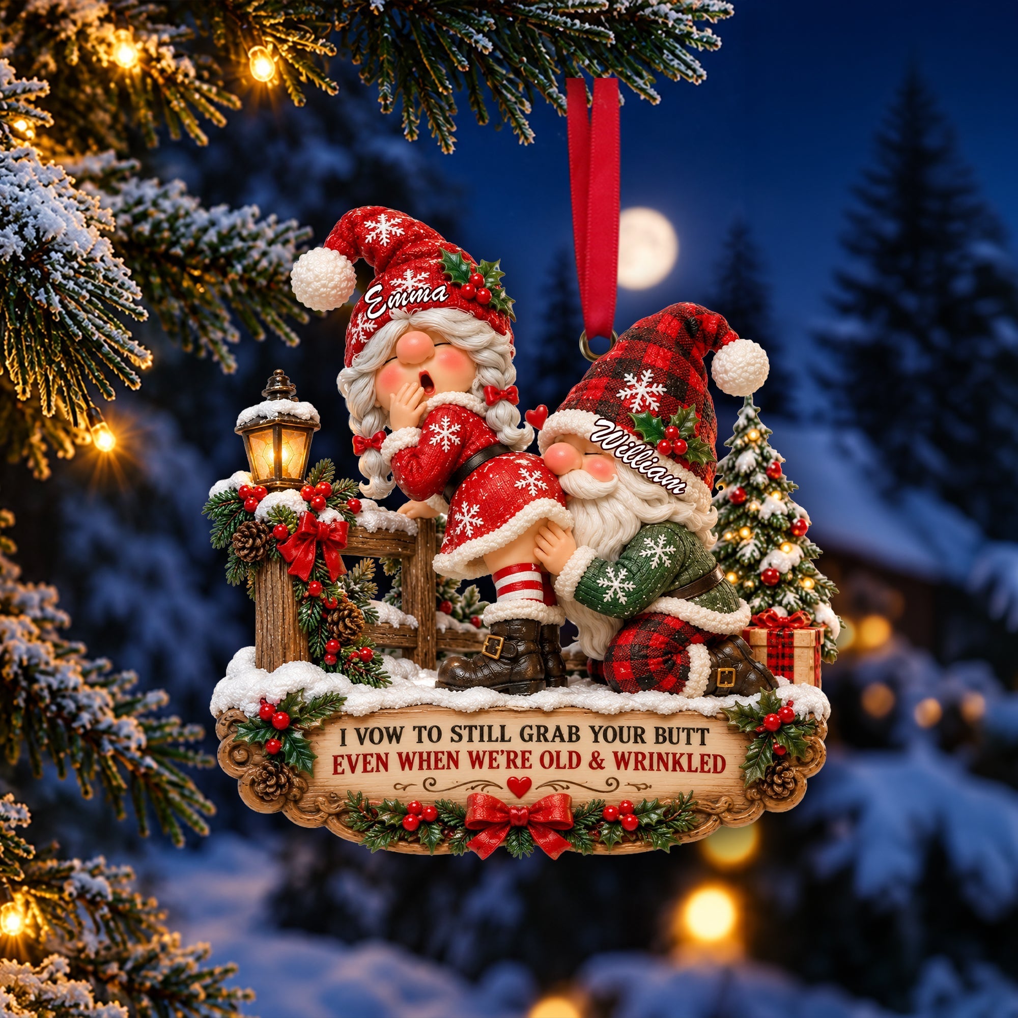 I Vow to Still Grab Your Butt - Playful Gnome Couple Ornament - Personalized Gift for Couples