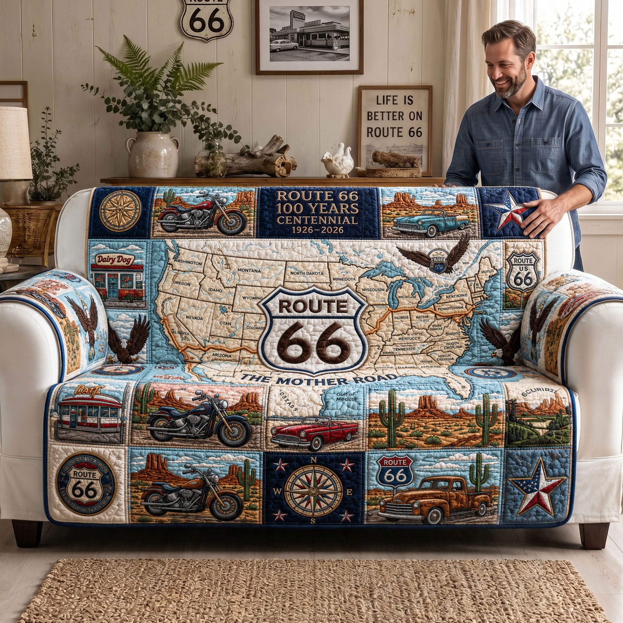 Life is Better on Route 66 - American Road Quilted Sofa Cover, Custom Personalized Gift for Nostalgia Lovers