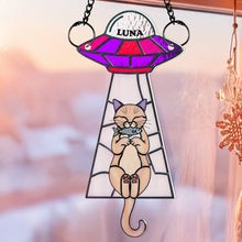 Load image into Gallery viewer, “Out of this World!” Funny Cat UFO Suncatcher - Personalized Gift for Cat Lovers Ornament PopCulturePrints
