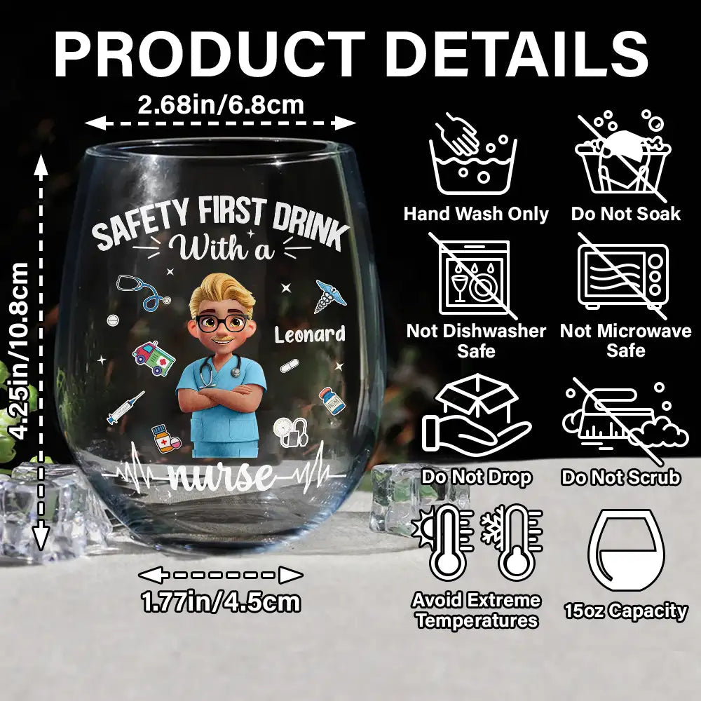 Safety First: Drink With a Nurse - Personalized Stemless Wine Glass Wine Glass PopCulturePrints