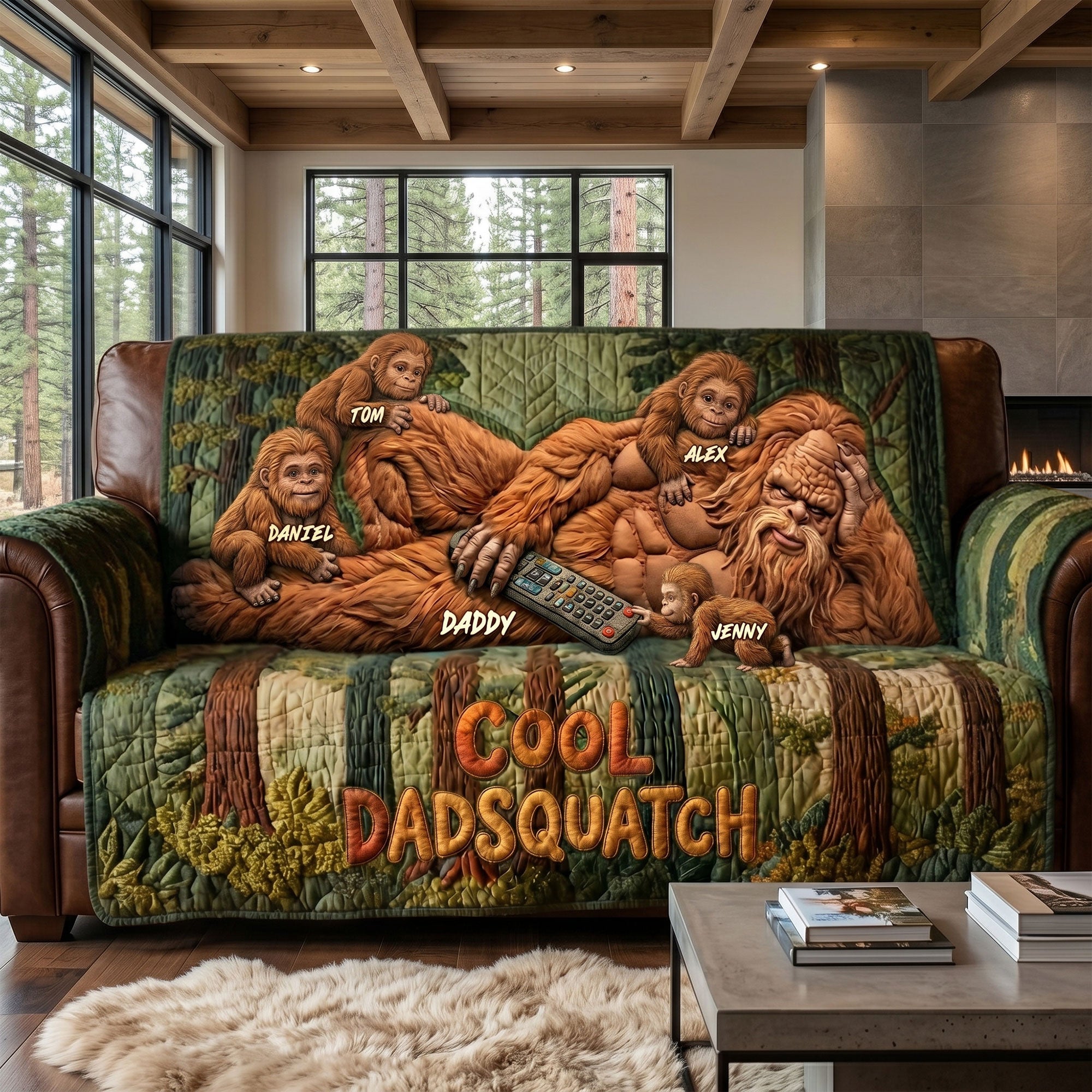 “Cool Dadsquatch” - Personalized Fun Sasquatch Dad Resting Quilted Sofa Cover - Perfect Gift for Dads, Moms, and Grandmas! Sofa Cover PopCulturePrints