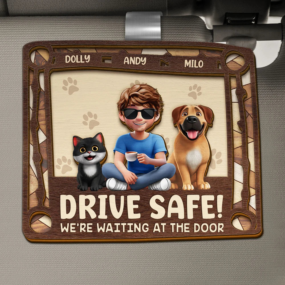 Drive Safe! We're Waiting At The Door - Personalized Car Visor Clip for Dog and Cat Lovers Car Visor Clip PopCulturePrints